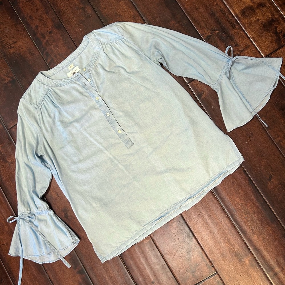 LOFT - Light Wash Bell Sleeve Half Button Top - Light Blue